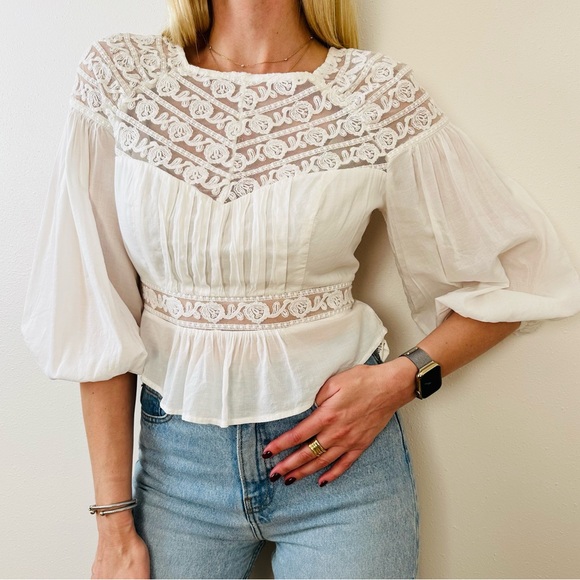 Free People Tops - Free People romantic peasant boho blouse top embroidered lace mesh detailing